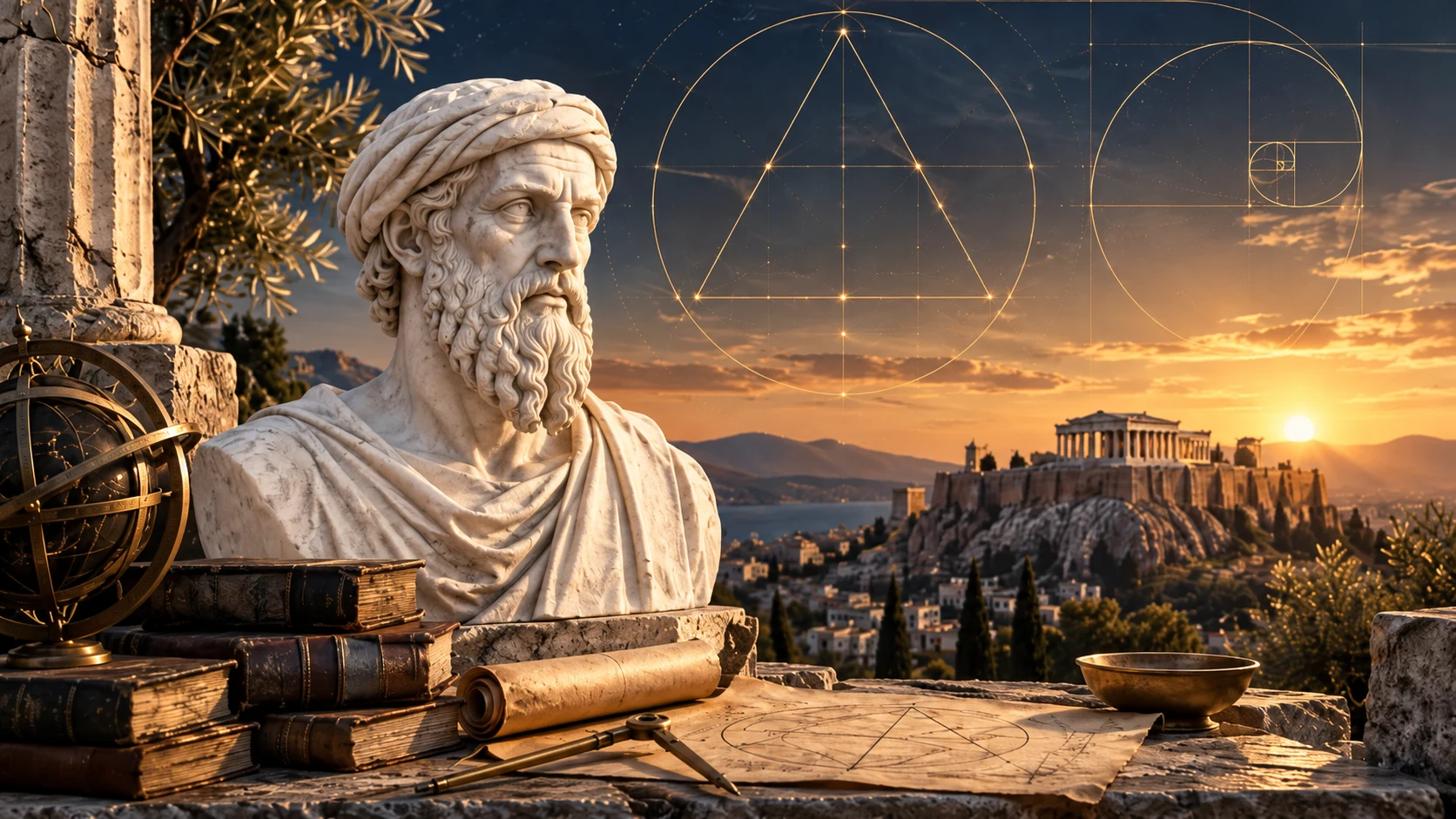 Illustration inspirerad av Pythagoras och den antika traditionen kring tal, geometri och harmoni.