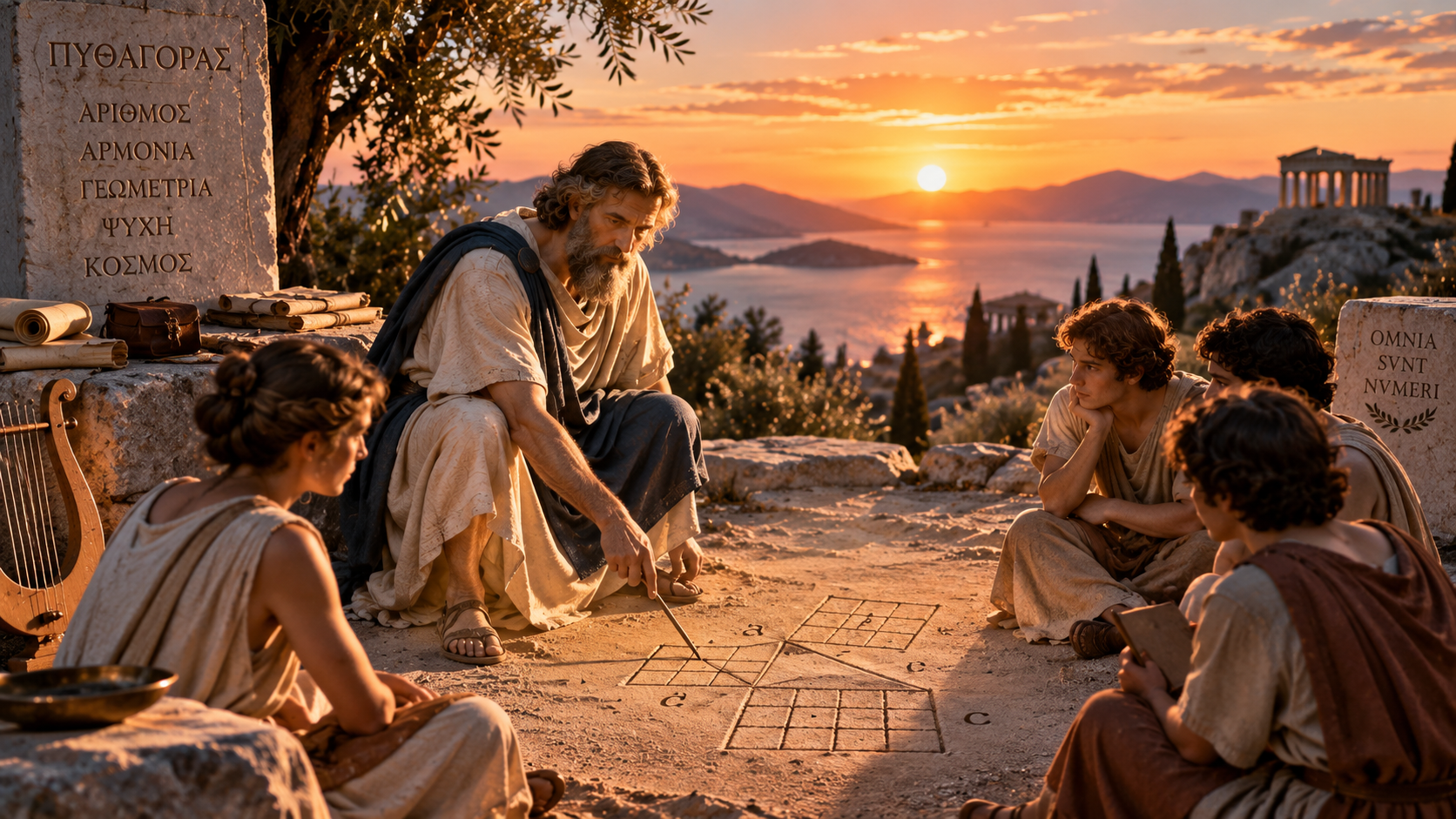 Pythagoras undervisar sina elever om tal, geometri och harmoni i antikens Grekland